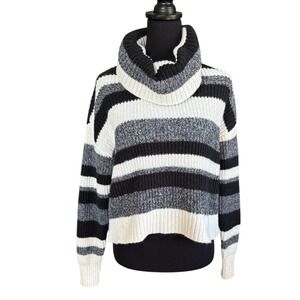 NWT By & By Black, Ivory & Gray Striped Cowlneck Knit Sweater, Size Medium, Cozy